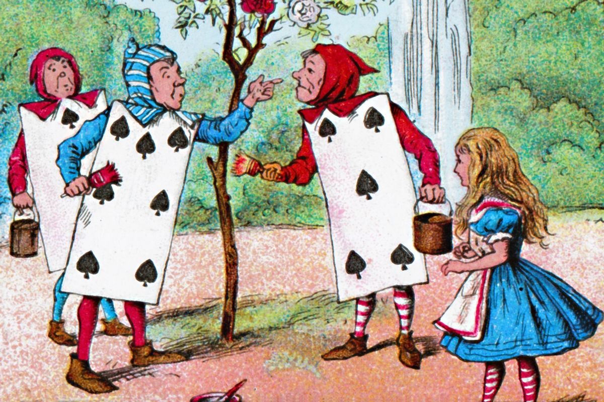 'The Playing cards painting the Rose Bushes', c1910. From Alice in Wonderland, by Lewis Carroll. [W. Butcher &amp; Sons, London, c1910]Artist John Tenniel. (Photo by The Print Collector/Getty Images) (The Print Collector / Getty Images)