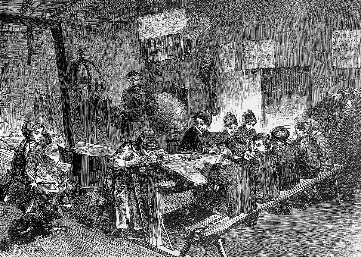 UNSPECIFIED - SEPTEMBER 30:  school in Quoisrette , east of France, in 1872 , the classroom was also used as the teacher's house and the town room, engraving  (Photo by Apic/Getty Images) (Getty Images)