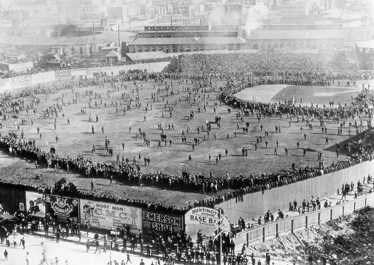 This was the scene of the First World Series as it was played at the Huntington Avenue Ball Field in 1903 where Northeastern University now stands. In the series, the Boston Pilgrims were Matched against the Pittsburgh Pirates and Boston won when Bill Dineen struck out the famous Honus Wagner in the seventh game. Notice the crowd clustered around the baseball infield. (Getty Images)