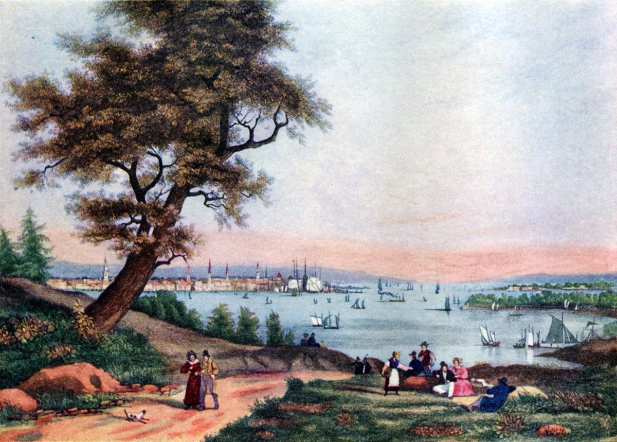 Illustration depicts a view of New York City, as seen from Weehawken (near the site of the Hamilton-Burr duel), New Jersey, mid 1820s. The Illustration was published in 1918. (Photo by Interim Archives/Getty Images) ( Interim Archives/Getty Images)