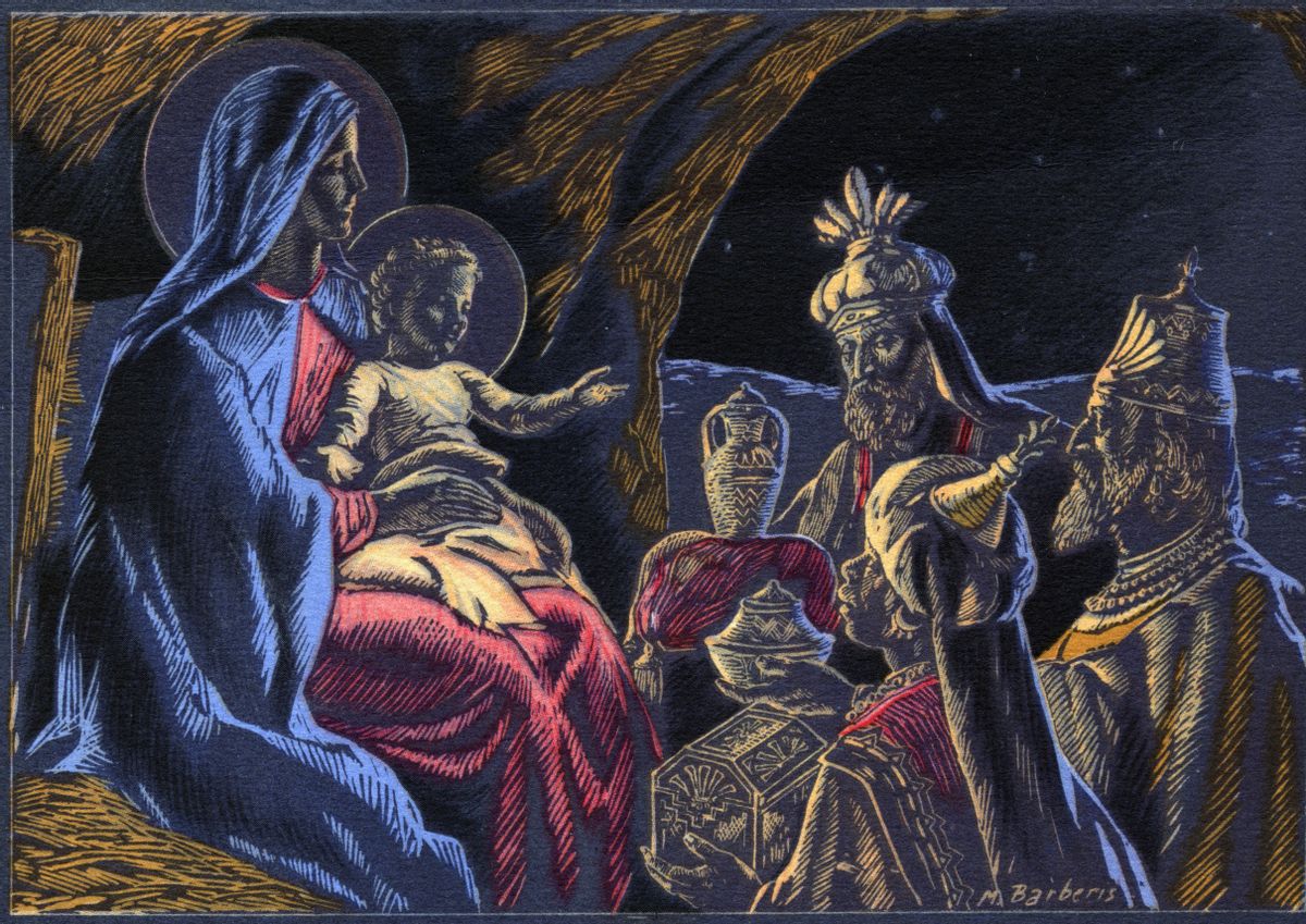 The adoration of the Magi, who bring the gifts to Baby Jesus. Illustration by Mario Barberis (1893-1960), greeting card diffused by the Sanctuary of Sacred Heart Parish, Salesians, Italy, Bologna 1941. (Photo by Fototeca Gilardi/Getty Images) (Fototeca Gilardi/Getty Images)