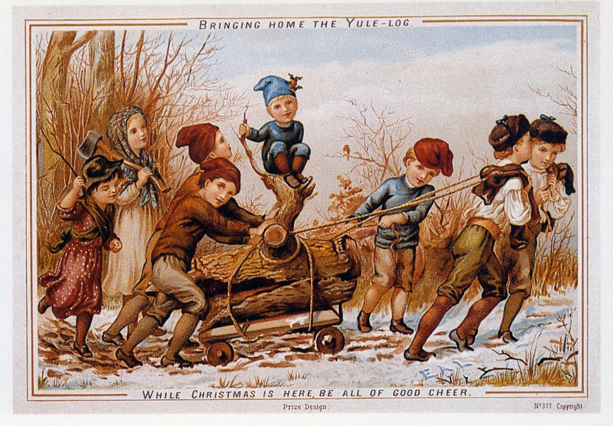 UNITED KINGDOM - JANUARY 09: A group of children taking the Yule log home, Christmas card. United Kingdom, late 19th century. (Photo by DeAgostini/Getty Images) (DeAgostini/Getty Images)