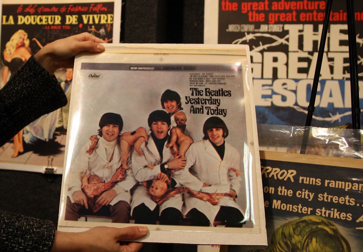 View of a Beatles "Butcher Cover" set of 4-color separations from the stereo version of the album, 1966, estimated between 10,000 and 15.000 USD at Bonhams and Butterfields' office in Hollywood, California, 07 December 2007. The piece will be on auction 09 December 2007. AFP PHOTO GABRIEL BOUYS (Photo credit should read GABRIEL BOUYS/AFP/Getty Images) (GABRIEL BOUYS/AFP/Getty Images)