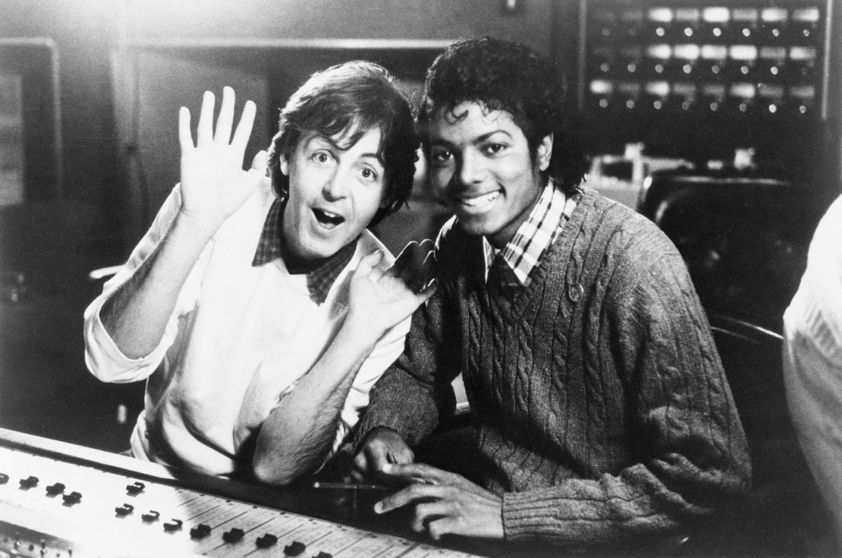 (Original Caption) Michael Jackson and Paul McCartney, who team up on duets, are seen recently in a recording studio. Jackson was 5 when the Beatles invaded America. He and McCartney also spend hours together watching cartoons. Both are collectors. (Bettmann/Getty Images)