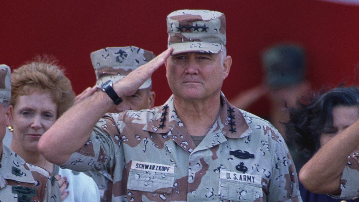 U.S. Army General Norman Schwarzkopf salutes as he arrives home from the Persian Gulf at MacDill Air Force Base in Tampa, Florida. General Schwarzkopf was the Commander of Operations Desert Shield and Desert Storm during the Persian Gulf War. (Photo by �� Steve Starr/CORBIS/Corbis via Getty Images) (Steve Starr/CORBIS/Corbis via Getty Images)