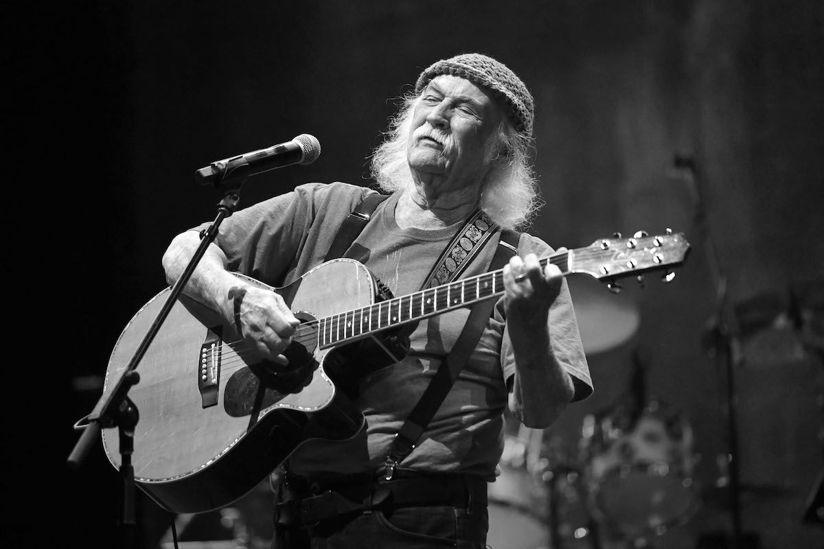 LOS ANGELES, CALIFORNIA - JULY 03: (EDITORS NOTE: Image has been converted to black and white) Rock and Roll Hall of Fame member David Crosby, founding member of The Byrds and Crosby Stills and Nash performs onstage during the California Saga 2 Benefit at Ace Hotel on July 03, 2019 in Los Angeles, California. (Photo by Scott Dudelson/Getty Images) (Getty Images)