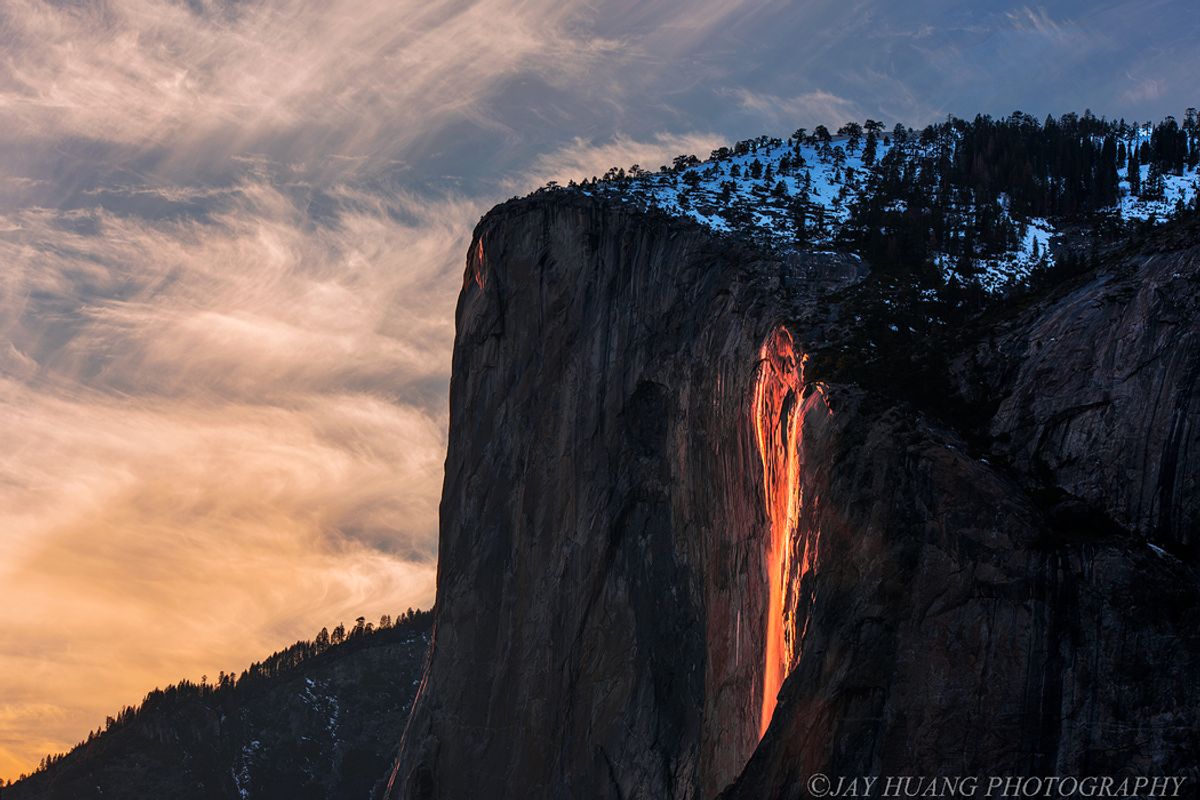 For a couple of weeks each February, Horsetail waterfall in California’s Yosemite National Park appears to be set ablaze by the setting sun, a fleeting evening spectacle known as the “firefall.”

 (Flickr/Jay Huang)