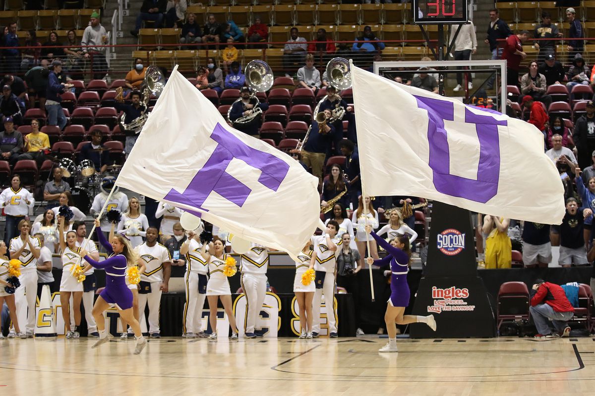 ASHEVILLE, NC - MARCH 07: Furman University flags fly during the Southern Conference Men's Basketball Championship game between the Furman Paladins and the UT Chattanooga Mocs on March 7, 2022, at the Harrah's Cherokee Center in Ashville, N.C. (Photo by John Byrum/Icon Sportswire via Getty Images) (Getty Images)