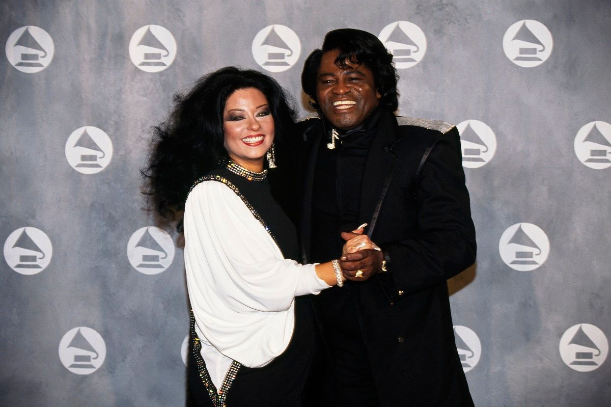 James Brown and wife Adrienne Rodriegues at the 34th Grammy Awards ceremony.  (Photo by Rick Maiman/Sygma via Getty Images)