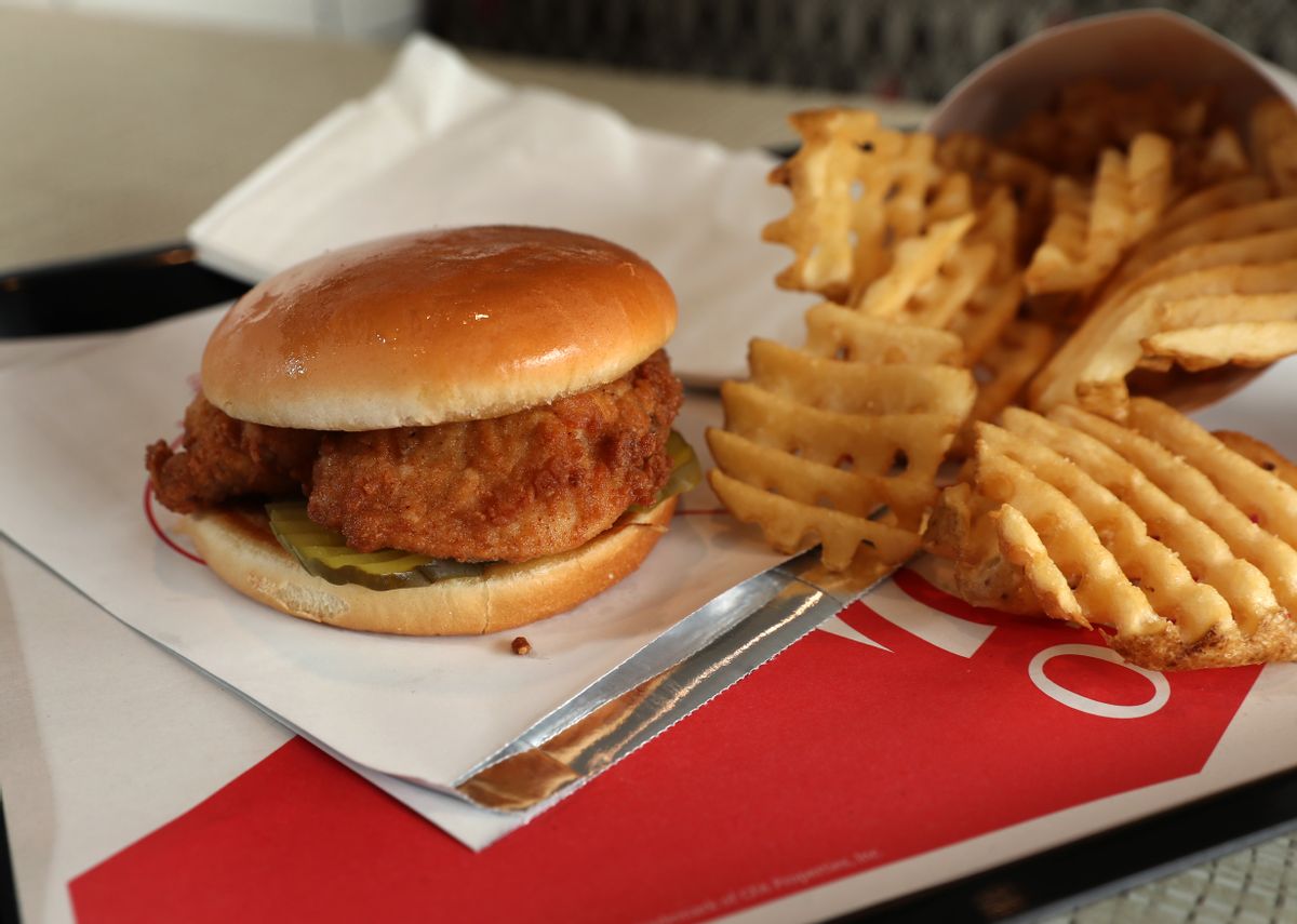 DEDHAM, MA - NOVEMBER 8: A chicken sandwich with waffle fries is pictured at the Chick-Fil-A restaurant in Dedham, MA on Nov. 8, 2017. (Photo by David L. Ryan/The Boston Globe via Getty Images) (David L. Ryan/The Boston Globe via Getty Images)