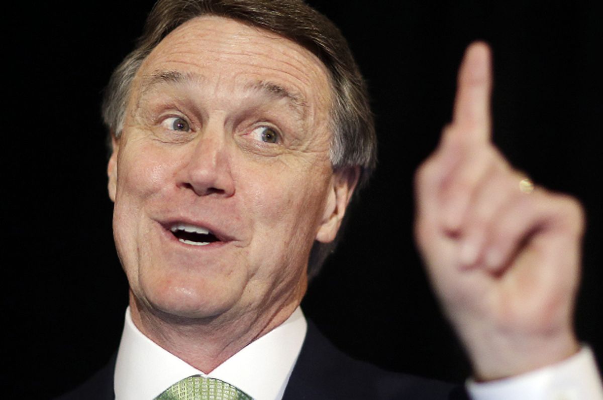 Georgia Republican Senate candidate, David Perdue speaks to supporters at a primary election night party, Tuesday, May 20, 2014, in Atlanta. (AP Photo/David Goldman)