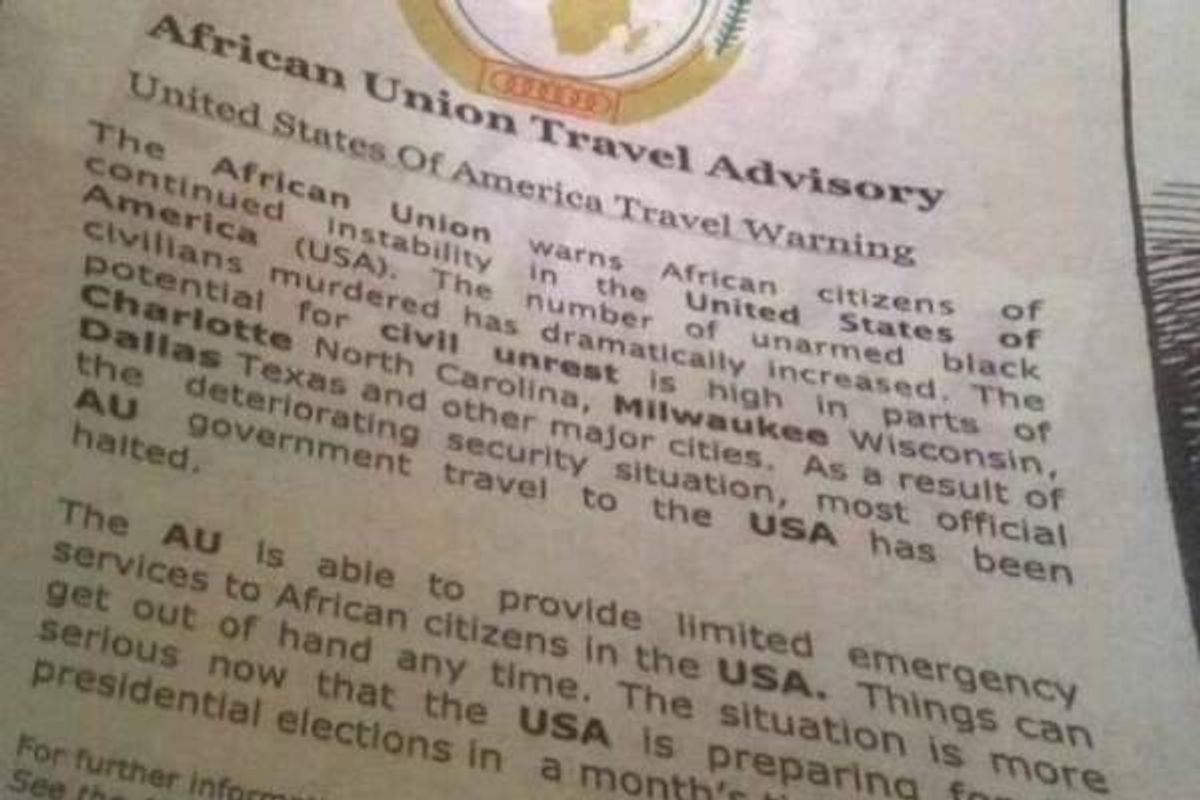 An 'African Union travel advisory' spread online is actually a political cartoon. (Twitter)