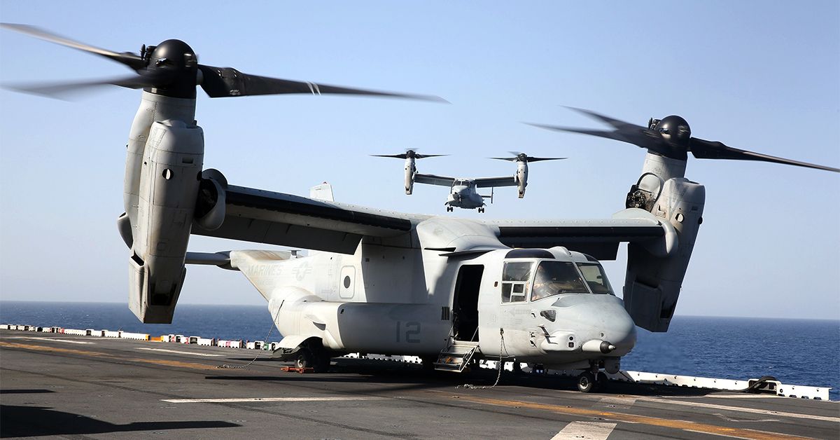 U.S. Marine Corps MV-22B Osprey tiltrotor aircraft assigned to Marine Medium Tiltrotor Squadron (VMM) 266 conduct flight operations aboard the amphibious assault ship USS Kearsarge (LHD 3) in the Red Sea April 7, 2013. The Kearsarge was underway in the U.S. 5th Fleet area of responsibility supporting maritime security operations and theater security cooperation efforts. (Wikipedia Commons)