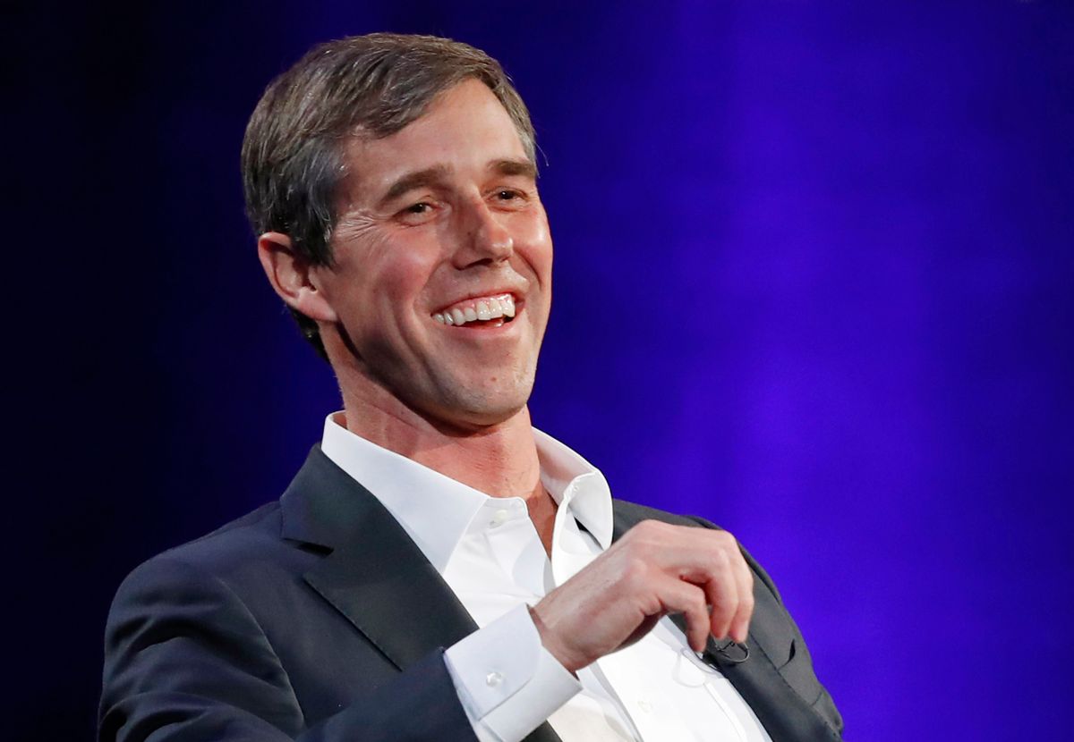 FILE - In this Tuesday, Feb. 5, 2019 file photo, former Democratic Texas congressman Beto O'Rourke laughs during a live interview with Oprah Winfrey on a Times Square stage at "SuperSoul Conversations," in New York. O'Rourke formally announced Thursday that he'll seek the 2020 Democratic presidential nomination, ending months of intense speculation over whether he'd try to translate his newfound political celebrity into a White House bid. (AP Photo/Kathy Willens, File) (AP Photo/Kathy Willens, File)
