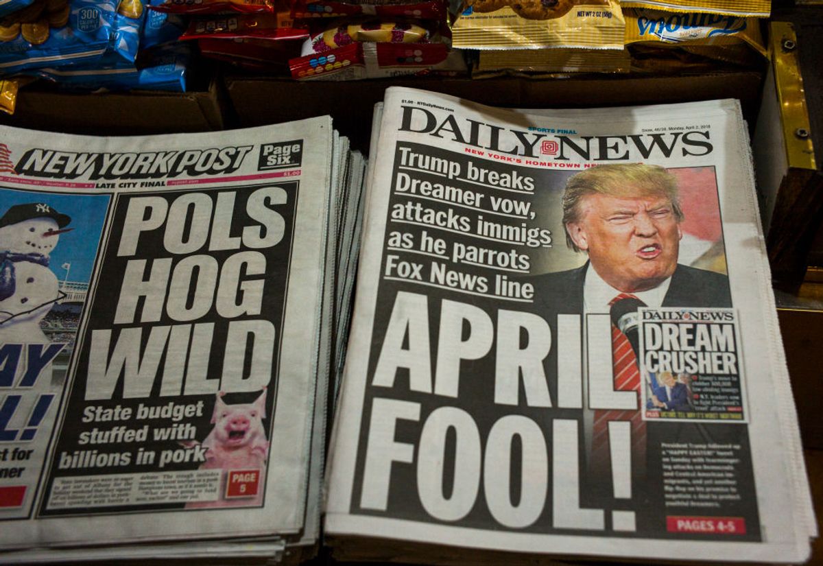 BROOKLYN, NEW YORK - APRIL 2: The front page of the New York Daily News carries a picture of President Donald Trump April 2, 2018 in Brooklyn, New York. President Trump threatened to end the DACA program, Deferred Action for Childhood Arrivals, unless funds are allocated for building a wall along the US-Mexican border. (Photo by Robert Nickelsberg/Getty Images)