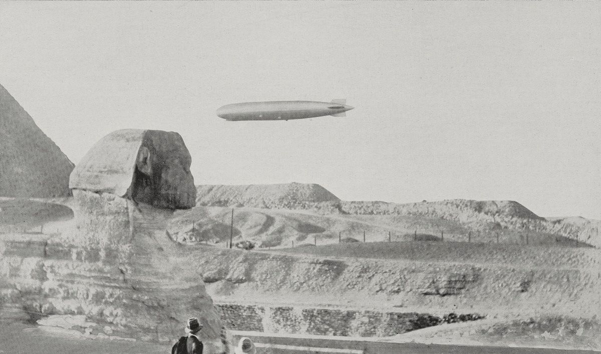 The German airship Zeppelin flies over the Sphinx and Giza pyramids, Egypt, from L'Illustrazione Italiana, year LVIII, n 19, May 10, 1931. (Getty Images)