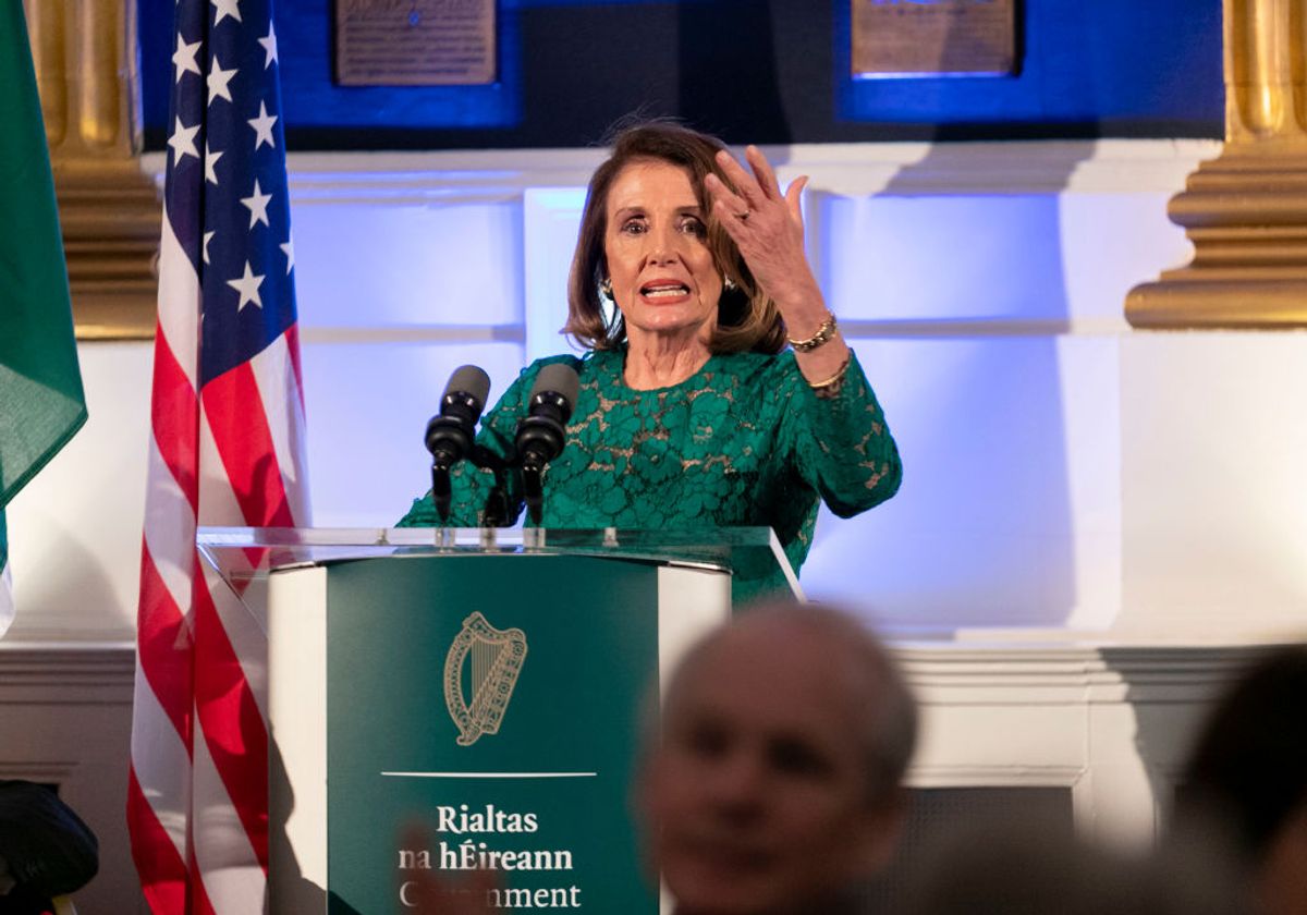 DUBLIN, IRELAND - APRIL 17: Speaker of the U.S. House of Representatives Nancy Pelosi speaks at a reception hosted by Taoiseach Leo Varadkar in the State Apartments in Dublin Castle April 17, 2019 in Dublin, Ireland. Pelosi is visiting Ireland with a U.S. congressional delegation. (Photo by Iain White-Pool/Getty Images) (Getty Images)