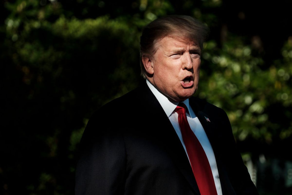 WASHINGTON, DC - APRIL 27: President Donald Trump stops to talk to the media about the shooting in a California synagogue as he makes his way to Marine One on the South Lawn of the White House as he travels to Green Bay Wisconsin for a campaign rally on April 27, 2019 in Washington, DC. The President was traveling on the night of the annual White House Correspondents Association dinner in Washington. (Photo by Pete Marovich/Getty Images) (Getty Images)