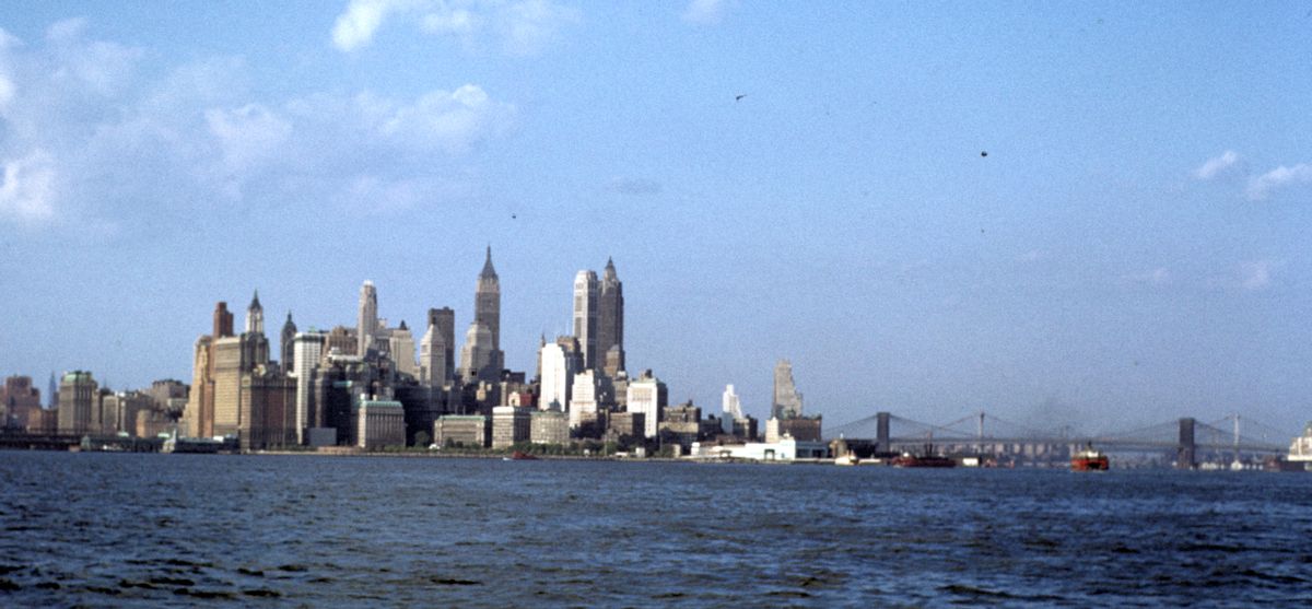 New York city skyline taken from Statten island ferry in 1956.High contrast colour corrected crop of earlier image. (Getty Images)