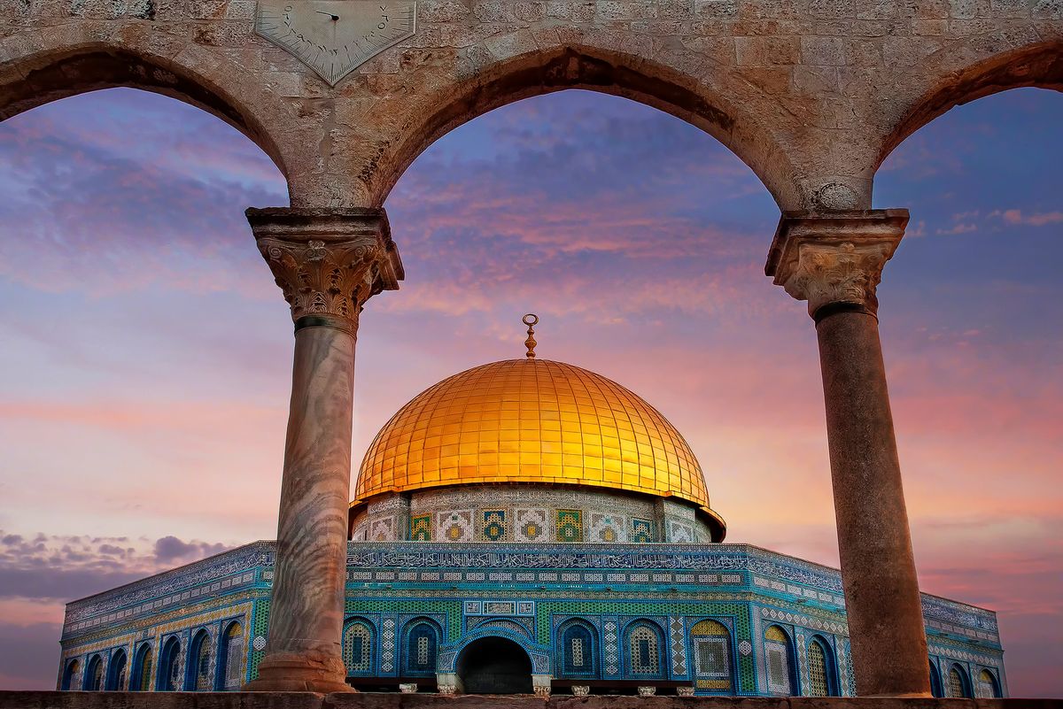 Al-Aqsa Mosque at sunset, which is the third holiest site in Islam and is located in the Old City of Jerusalem.  Muslims believe that Muhammad was transported from the Sacred Mosque in Mecca to al-Aqsa during the Night Journey. (Getty Images)