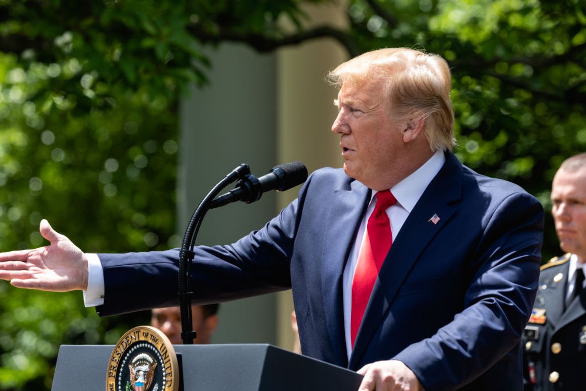 President Donald Trump speaks during the presentation of the Commander-in-Chief's Trophy to the U.S. Military Academy football team, the Army Black Knights, in the Rose Garden of the White House in Washington, D.C., on Monday, May 6, 2019. (Photo by Cheriss May) (Photo by Cheriss May/NurPhoto via Getty Images) (Getty Images)