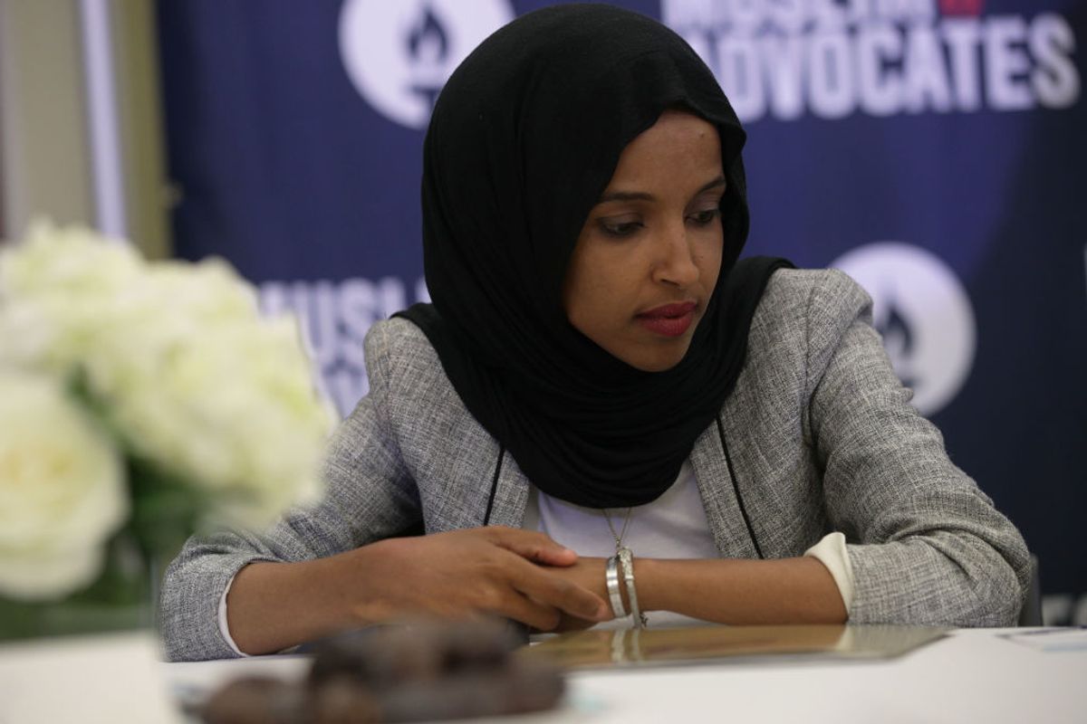 WASHINGTON, DC - MAY 20:  U.S. Rep. Ilhan Omar (D-MN) listens to remarks during a congressional Iftar event at the U.S. Capitol May 20, 2019 in Washington, DC. Muslims around the world are observing the holy month with prayers, fasting from dawn to sunset and nightly feasts.  (Photo by Alex Wong/Getty Images) (Getty Images)