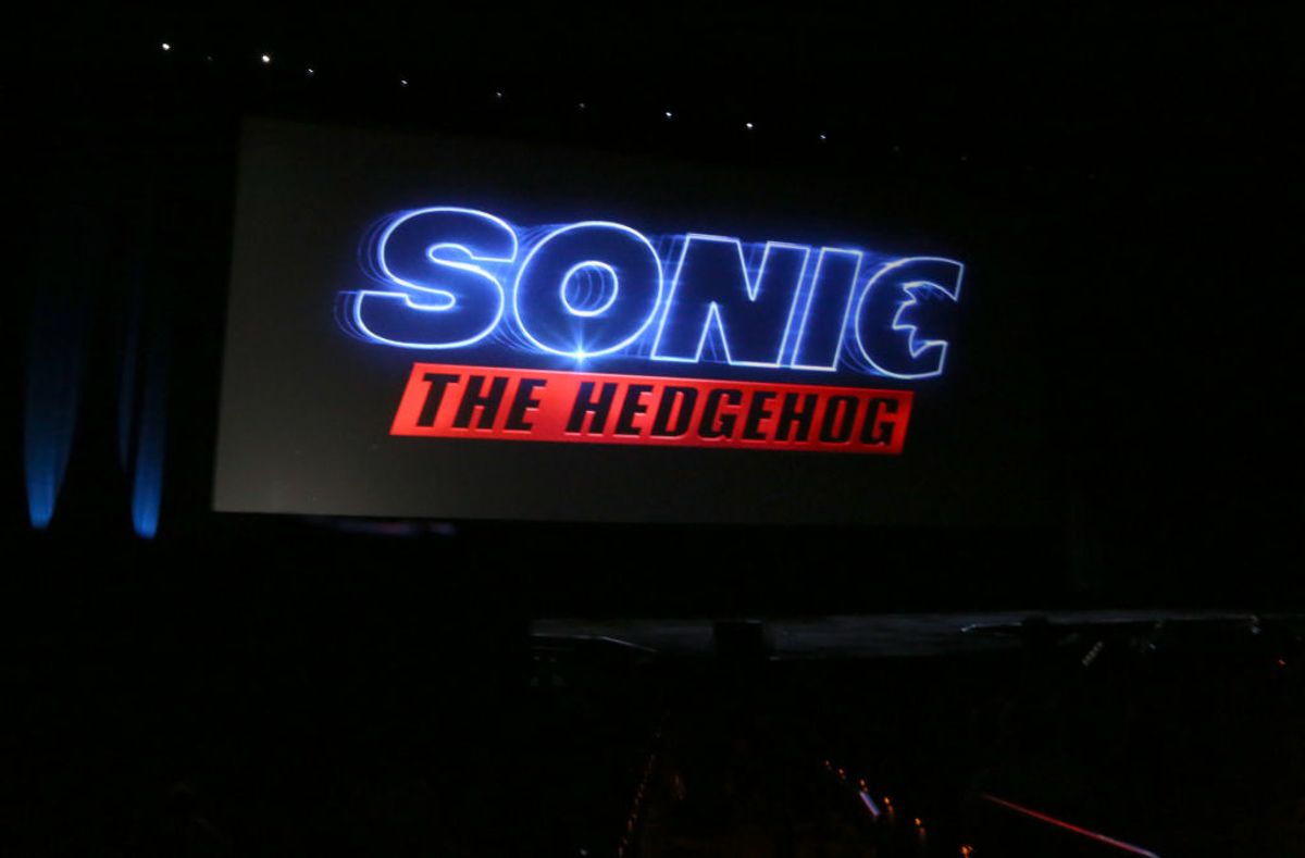 LAS VEGAS, NEVADA - APRIL 04:  A logo for the movie "Sonic the Hedgehog" is displayed during Paramount Pictures exclusive presentation during CinemaCon at The Colosseum at Caesars Palace on April 04, 2019 in Las Vegas, Nevada. CinemaCon is the official convention of the National Association of Theatre Owners. (Photo by Gabe Ginsberg/WireImage)