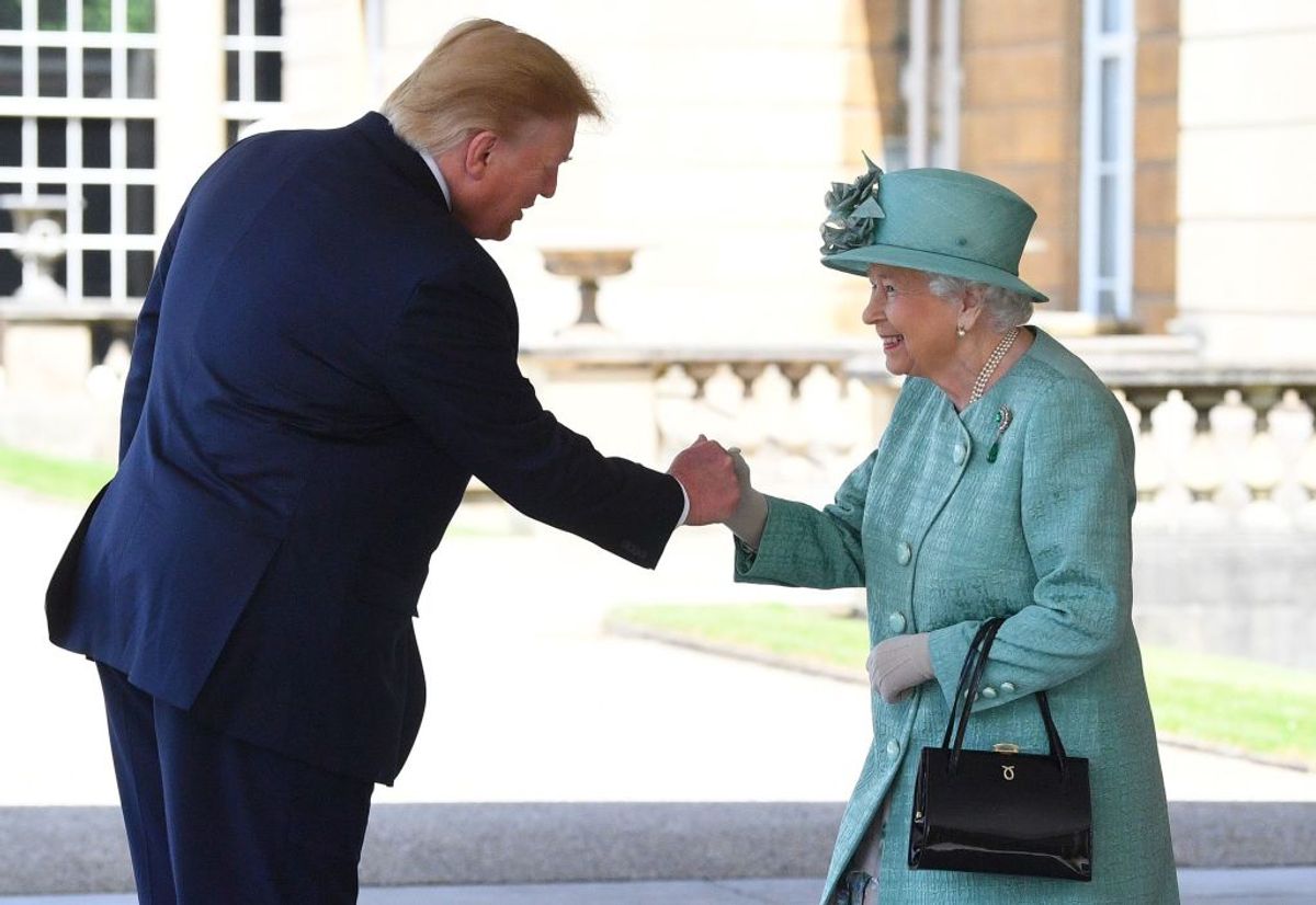 TOPSHOT - Britain's Queen Elizabeth II (R) shakes hands with US President Donald Trump during a welcome ceremony at Buckingham Palace in central London on June 3, 2019, on the first day of the US president and First Lady's three-day State Visit to the UK. - Britain rolled out the red carpet for US President Donald Trump on June 3 as he arrived in Britain for a state visit already overshadowed by his outspoken remarks on Brexit. (Photo by Victoria Jones / POOL / AFP)        (Photo credit should read VICTORIA JONES/AFP/Getty Images) (Getty Images)