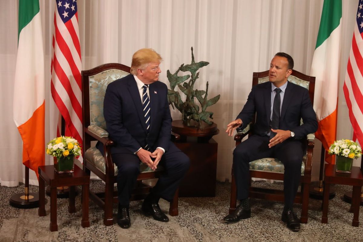 SHANNON, IRELAND - JUNE 05: US President Donald Trump during a bilateral meeting with Taoiseach Leo Varadkar at Shannon airport on June 5, 2019 in Shannon, Ireland. President Trump will use his Trump International golf resort in nearby Doonbeg as a base for his three day stay in Ireland. The resort employs over 300 local people in the area and the village will roll out a warm welcome for the 45th President of the United States. (Photo by Liam McBurney - Pool/Getty Images) (Getty Images)