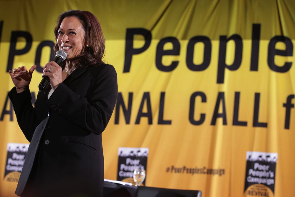 WASHINGTON, DC - JUNE 17:  Democratic U.S. presidential candidate Sen. Kamala Harris (D-CA) addresses the Moral Action Congress of the Poor People's Campaign June 17, 2019 at Trinity Washington University in Washington, DC. The Campaign held the event to focus on issues like “voting rights, health care, housing, equitable education, indigenous sovereignty, living wage jobs and the right to join a union, clean air and water, and an end to gun proliferation and war mongering and other issues in our moral agenda.”   (Photo by Alex Wong/Getty Images) (Alex Wong / Getty Images)
