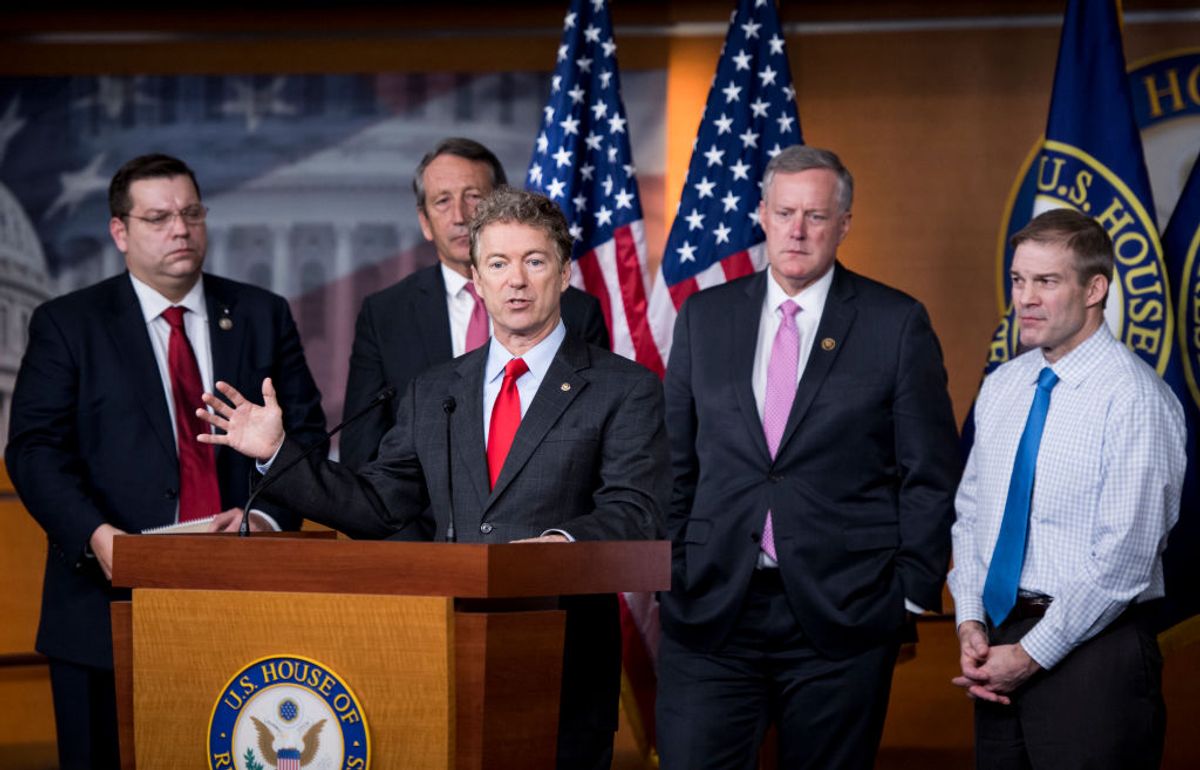 UNITED STATES - FEBRUARY 15: Sen. Rand Paul, R-Ky.,  speaks during the House Freedom Caucus news conference on Affordable Care Act replacement legislation on Wednesday, Feb. 15, 2017. Behind Sen. Paul from left are Rep. Tom, Garrett, R-Va., Rep. Mark Sanford, R-S.C., Rep. Mark Meadows, R-N.C., and Rep. Jim Jordan, R-Ohio. (Photo By Bill Clark/CQ Roll Call) (Getty Images)