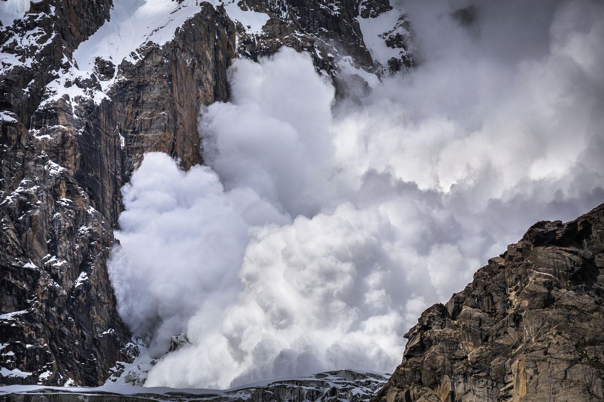 A big avalanche down the Ultar glacier, as seen during side trip from Ultar meadow (3270 m) to Hon Pass (4257 m), on Ultar trek in Karimabad, Hunza Valley, Gilgit-Baltistan region, northern Pakistan. (Getty Images)