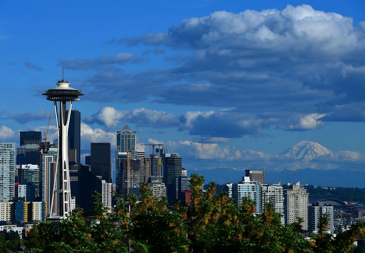 SEATTLE, WA - JUNE 8:  A general view of the Seattle Space Needle and downtown skyline with Mount Rainier in the background leading up to the 2019 Rock'n'Roll Seattle Marathon and 1/2 Marathon on June 8, 2019 in Seattle, Washington. (Photo by Donald Miralle/Getty Images for Rock'n'Roll Marathon ) (Getty Images)