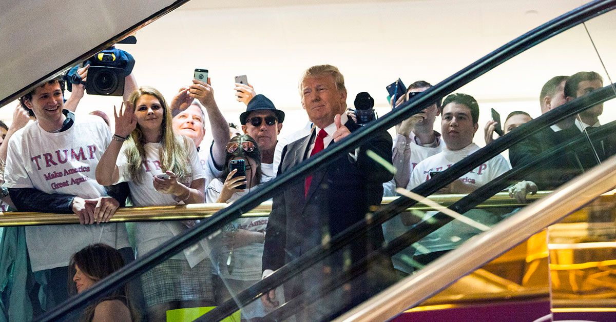 NEW YORK, NY - JUNE 16: Business mogul Donald Trump rides an escalator to a press event to announce his candidacy for the U.S. presidency at Trump Tower on June 16, 2015 in New York City. Trump is the 12th Republican who has announced running for the White House. (Photo by Christopher Gregory/Getty Images) (Christopher Gregory/Getty Images)