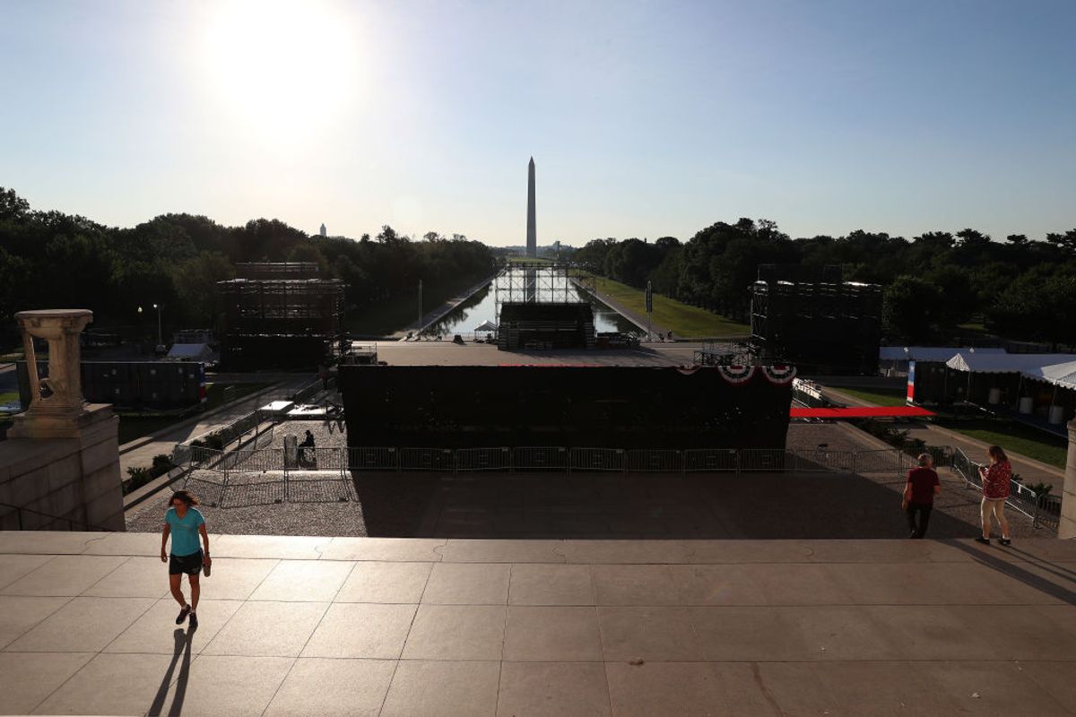WASHINGTON, DC - JULY 02: The stage and risers have been set at the Lincoln Memorial ahead of Thursdays July 4th Salute to America celebration, on July 2, 2019 in Washington, DC. President Trump will deliver a speech at the memorial and has asked the Pentagon for military hardware to be on hand including tanks, and flyovers by military aircraft.  (Photo by Mark Wilson/Getty Images) (Mark Wilson/Getty Images)