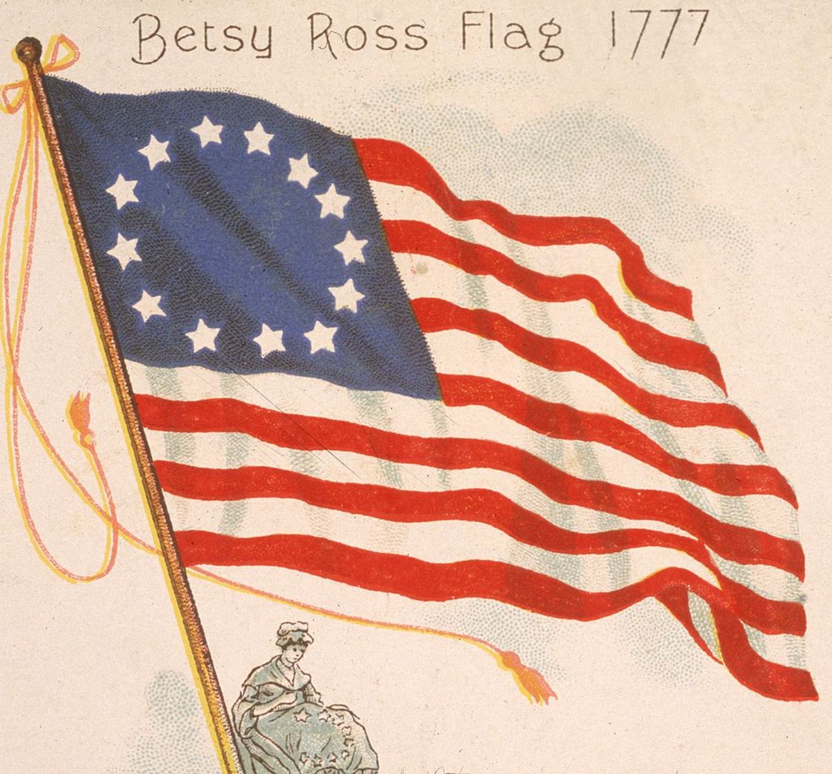 1777:  American seamstress Betsy Ross (1752 - 1836) sews an American flag, the first US flag adopted by Congress and the first used at the Battle of Brandywine, Pennsylvania on September 11, 1777.  (Photo by Hulton Archive/Getty Images) (Kathy Hutchins / Shutterstock.com)