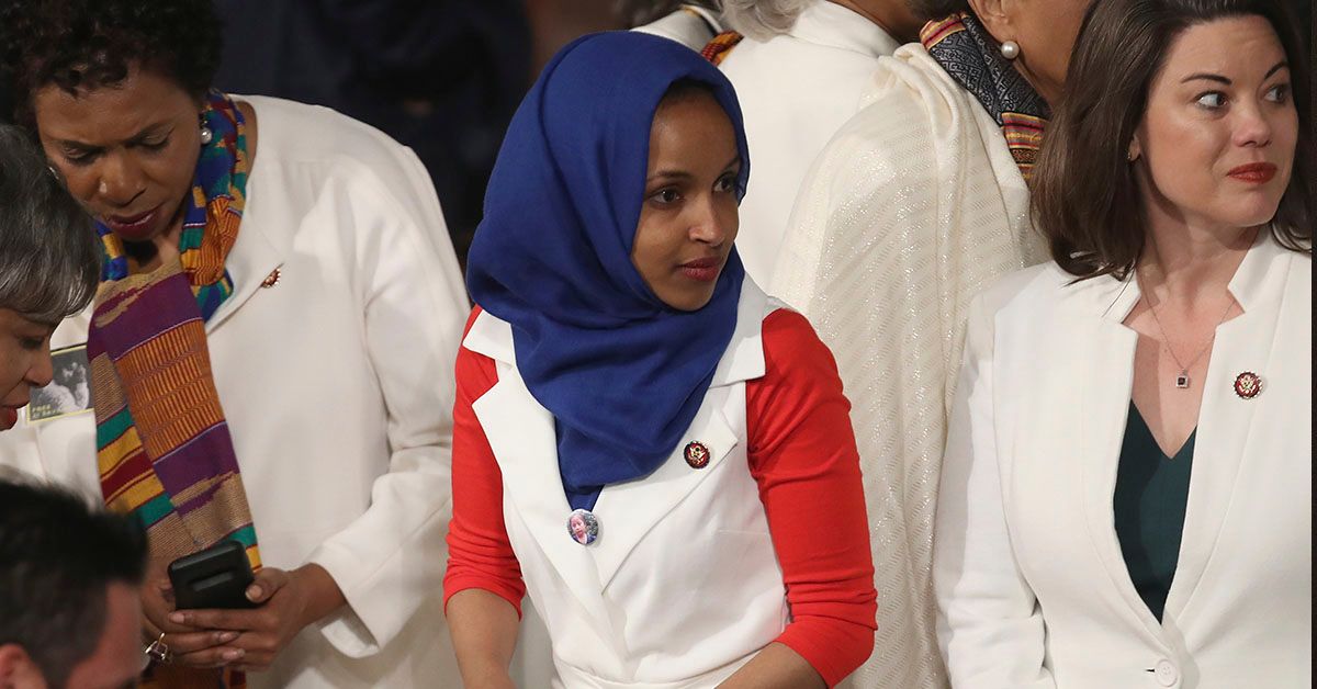 WASHINGTON, DC - FEBRUARY 05: Rep. Ilhan Omar (D-MN) looks on ahead of the State of the Union address in the chamber of the U.S. House of Representatives at the U.S. Capitol Building on February 5, 2019 in Washington, DC. A group of female Democratic lawmakers chose to wear white to the speech in solidarity with women and a nod to the suffragette movement. (Photo by Win McNamee/Getty Images) (Win McNamee/Getty Images)