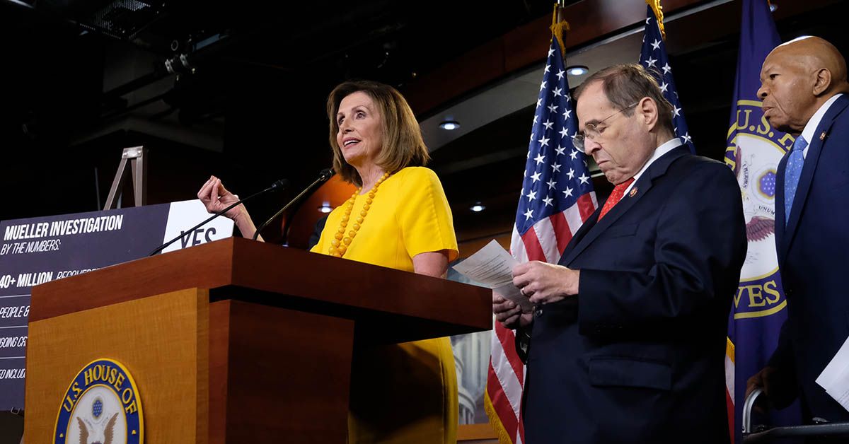 WASHINGTON, DC - JULY 24: House Speaker Nancy Pelosi speaks alongside Judiciary Committee Chair Jerold Nadler (D-NY), and Committee Chairman Rep. Elijah Cummings (D-MD), after the former Special Counsel Robert Muellers testimony on July 24, 2019 in Washington, DC. Former Special Counsel Robert Mueller testified today before the House Judiciary Committee and dismissed President Trump's claims of total exoneration. (Photo by Alex Wroblewski/Getty Images) (Alex Wroblewski/Getty Images)