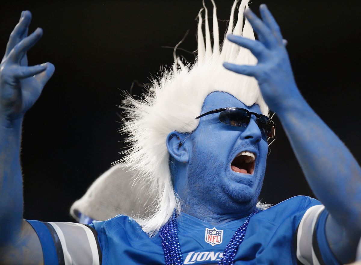 DETROIT, MI - SEPTEMBER 08: Detroit Lions fan reacts after a second quarter touch down while playing the New York Giants at Ford Field on September 8, 2014 in Detroit, Michigan. (Photo by Gregory Shamus/Getty Images) (Detroit Lions fan reacts after a second quarter touch down while playing the New York Giants at Ford Field on September 8, 2014 in Detroit, Michigan. (Photo by Gregory Shamus/Getty Images))