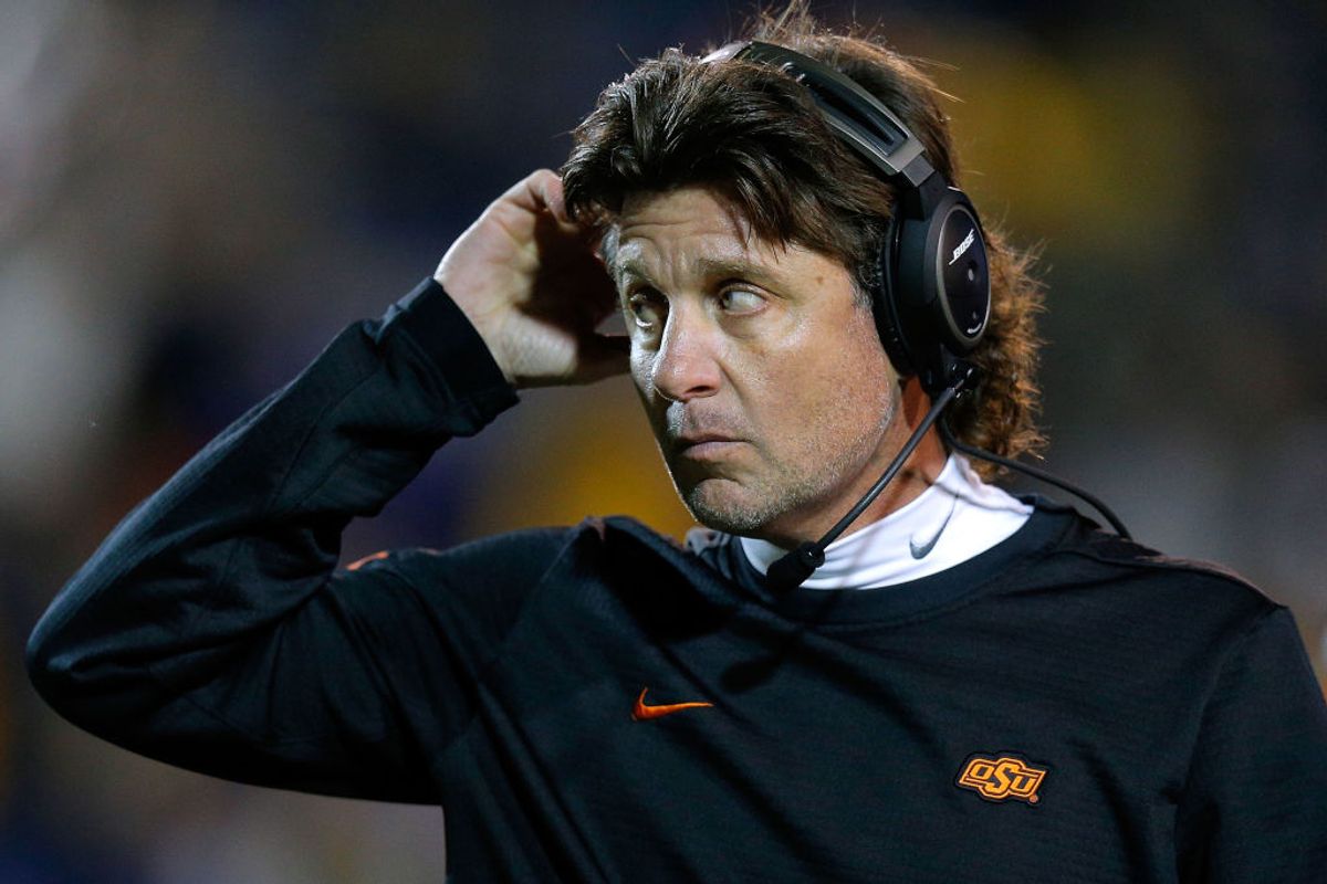 MEMPHIS, TENNESSEE - DECEMBER 31: Head coach Mike Gundy of the Oklahoma State Cowboys reacts during the second half of the AutoZone Liberty Bowl against the Missouri Tigers at the Liberty Bowl Memorial Stadium on December 31, 2018 in Memphis, Tennessee. (Photo by Jonathan Bachman/Getty Images) (Jonathan Bachman/Getty Images)