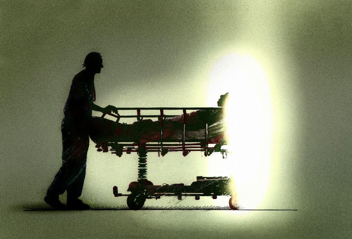 Conceptual illustration of a nurse pushing a patient into light symbolising assisted dying. (Getty Images)