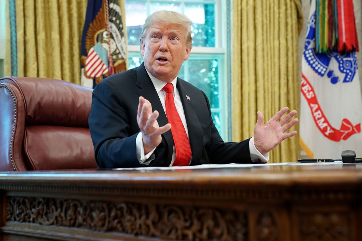 WASHINGTON, DC - SEPTEMBER 04: U.S. President Donald Trump talks to reporters following a briefing from officials about Hurricane Dorian in the Oval Office at the White House September 04, 2019 in Washington, DC. Trump was briefed by acting Homeland Security Secretary Kevin McAleenan, U.S. Coast Guard Admiral Karl Schultz and Deputy Assistant to the President and Homeland Security and Counterterrorism Advisor Peter Brown. (Photo by Chip Somodevilla/Getty Images) (Getty Images)
