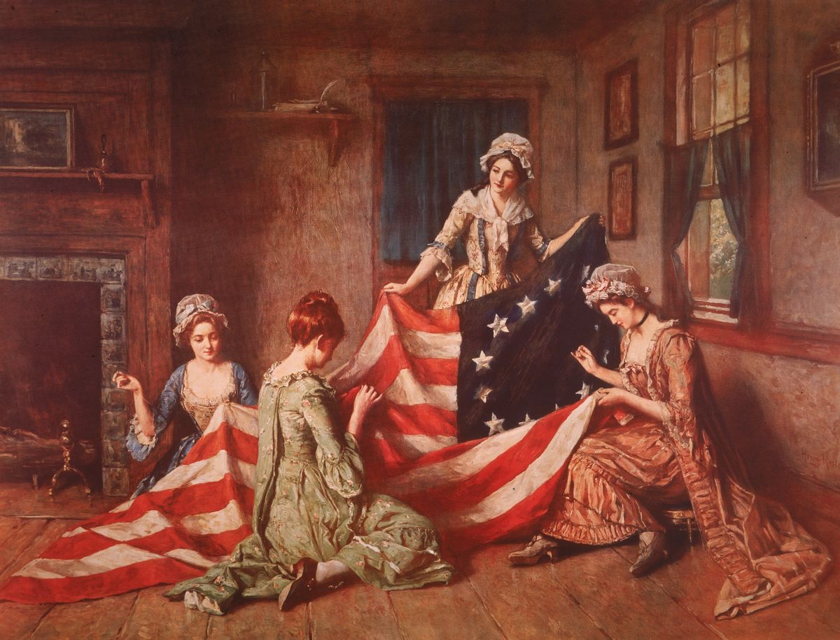 A Henry Mosler painting 'The Birth of the Flag' depicts Betsy Ross and her assistants sewing the first American flag, Philadelphia, Pennsylvania, 1777. (Photo by Lambert/Getty Images) (Lambert/Getty Images)
