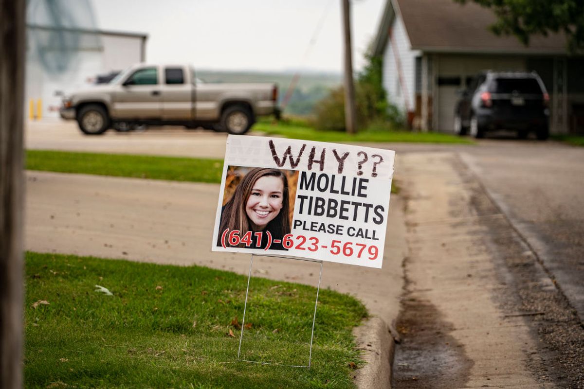 BROOKLYN, IA - AUGUST 24:  A sign seeking information about Mollie Tibbetts, with "WHY??" written above, stands in a yard in Brooklyn, Iowa on Friday, August 24, 2018. (Photo by KC McGinnis/For The Washington Post via Getty Images) (Getty Images)