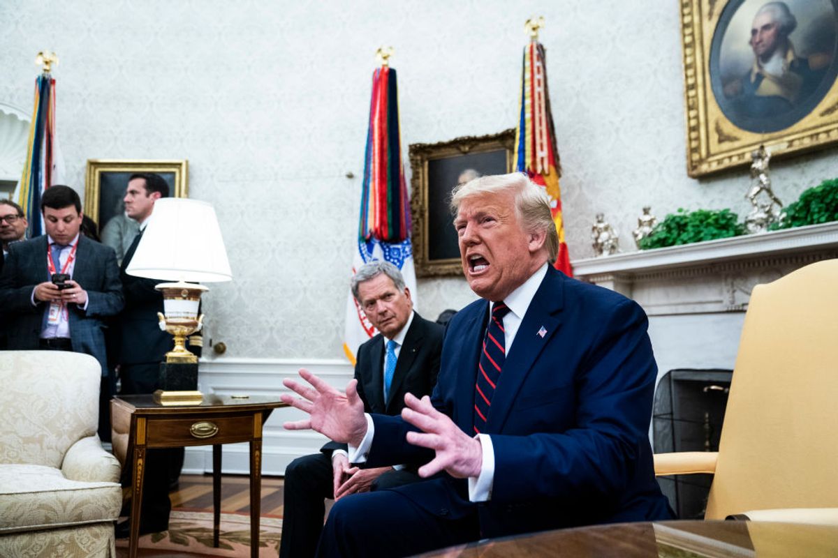 WASHINGTON, DC - OCTOBER 2 : President Donald J. Trump talks about the whistleblower during a meeting with President of Finland Sauli Niinisto in the Oval Office at the White House on Wednesday, Oct 02, 2019 in Washington, DC. (Photo by Jabin Botsford/The Washington Post via Getty Images) (Getty Images)