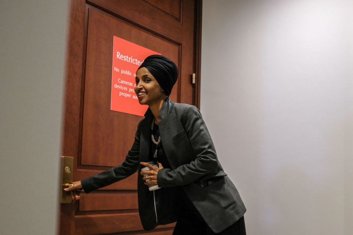 WASHINGTON, DC - OCTOBER 22:  U.S. Rep. Ilhan Omar (D-MN) arrives to a closed session before the House Intelligence, Foreign Affairs and Oversight committees October 22, 2019 in Washington, DC. Bill Taylor, the top U.S. diplomat to Ukraine, is testifying to house committees in the impeachment inquiry of President Donald Trump relating to the US-Ukraine relationship. (Photo by Alex Wroblewski/Getty Images) (Getty Images)