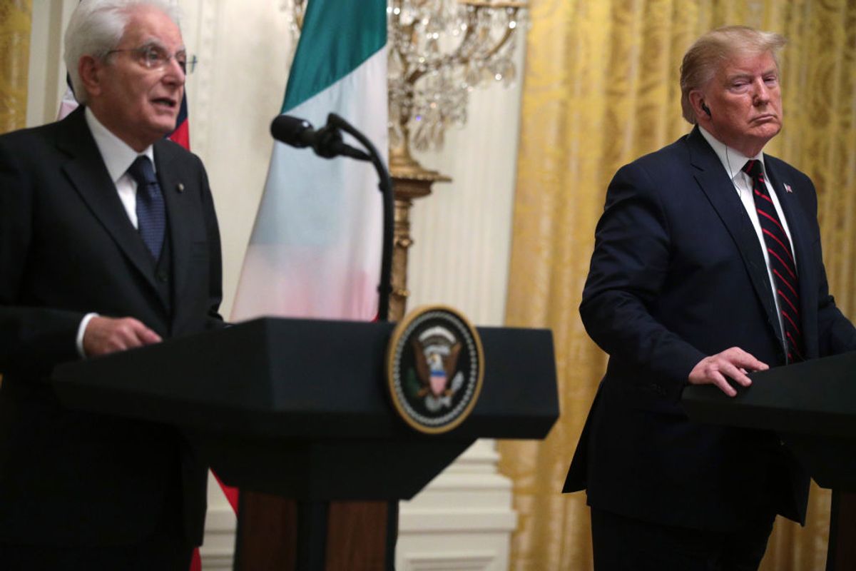 WASHINGTON, DC - OCTOBER 16:  U.S. President Donald Trump and President Sergio Mattarella of Italy participate in a joint news conference in the East Room at the White House October 16, 2019 in Washington, DC. President Trump is hosting President Mattarella at the White House today with an Oval Office meeting, a joint news conference and an evening reception.  (Photo by Alex Wong/Getty Images) (Joseph Sohm/Shutterstock.com)