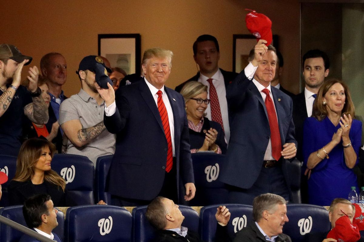 WASHINGTON, DC - OCTOBER 27:  President Donald Trump attends Game Five of the 2019 World Series between the Houston Astros and the Washington Nationals at Nationals Park on October 27, 2019 in Washington, DC. (Photo by Will Newton/Getty Images) (Getty Images)