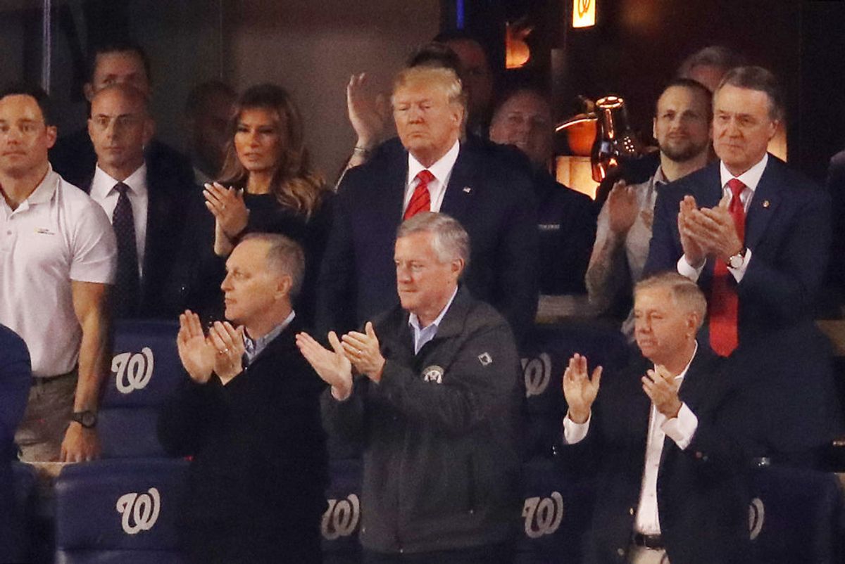 WASHINGTON, DC - OCTOBER 27:  President Donald Trump attends Game Five of the 2019 World Series between the Houston Astros and the Washington Nationals at Nationals Park on October 27, 2019 in Washington, DC. (Photo by Win McNamee/Getty Images) (Getty Images)