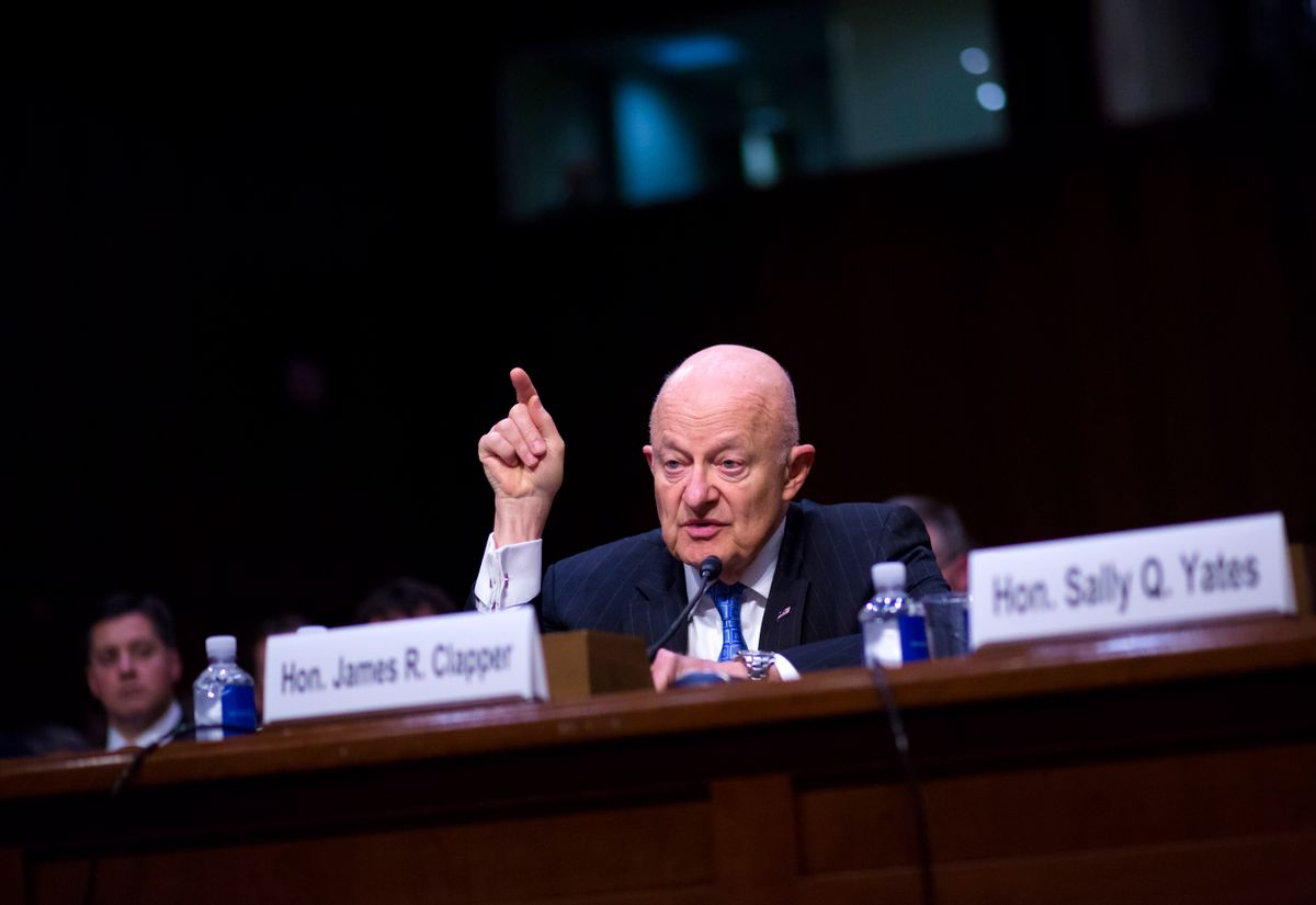 WASHINGTON, DC - MAY 8:  Former Director of National Intelligence James Clapper testifies before the Senate Judiciary Committee's Subcommittee on Crime and Terrorism in the Hart Senate Office Building on Capitol Hill May 8, 2017 in Washington, DC. Before being fired by U.S. President Donald Trump, Yates testified that she had warned the White House about contacts between former National Security Advisor Michael Flynn and Russia that might make him vulnerable to blackmail. (Photo by Eric Thayer/Getty Images) (Eric Thayer/Getty Images)